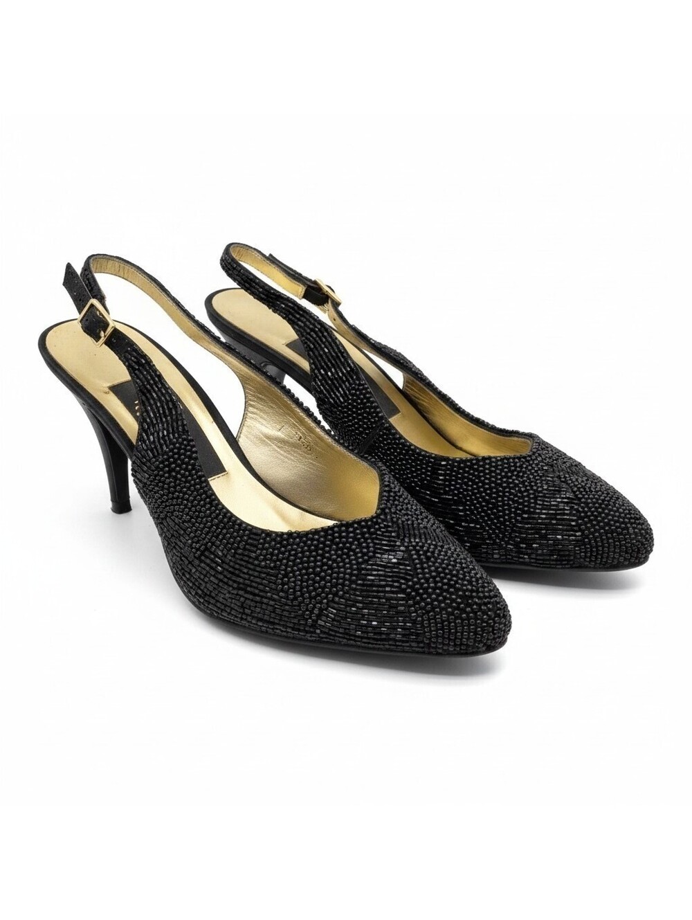 VTG Bijou New York Black Beaded Slingback Pumps Heels Cocktail Evening Shoes 7.5